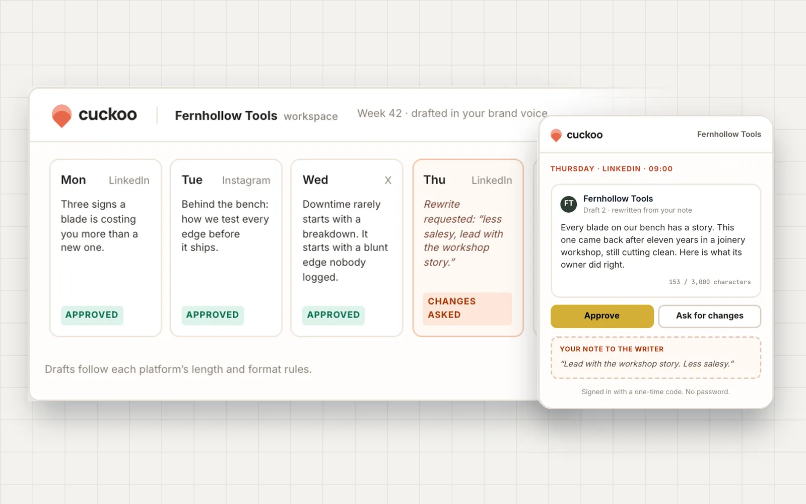 Mock of the Cuckoo approval portal with a week of drafted posts for a fictional brand