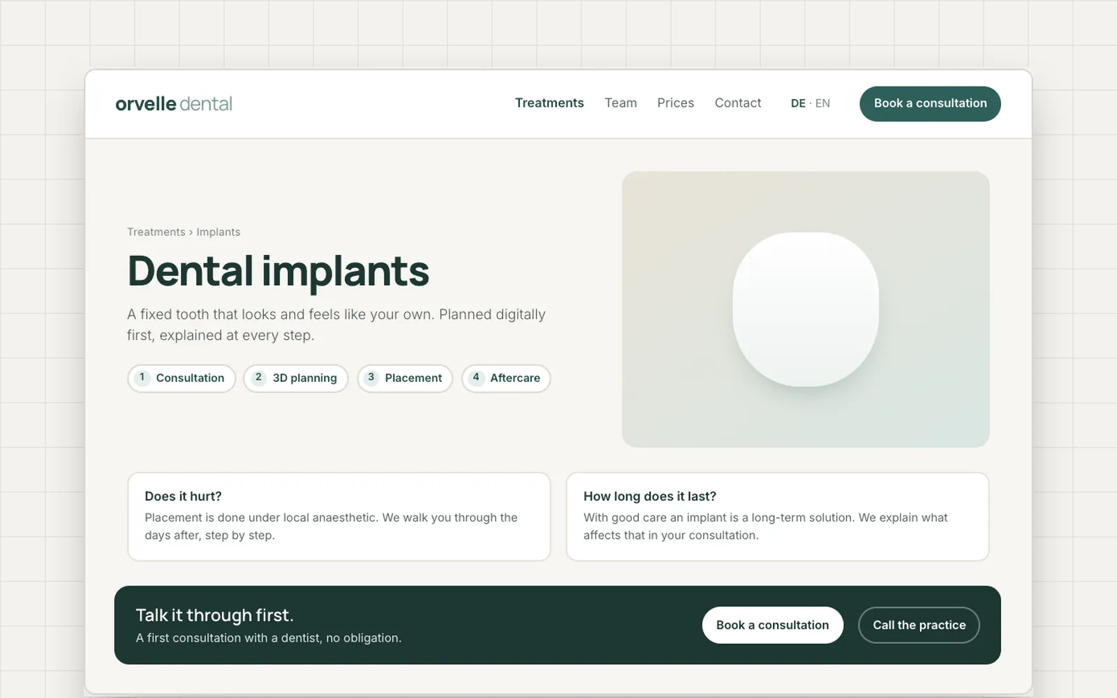 Rebuilt mock of an Orvelle Dental treatment page ending in a booking path (name changed)