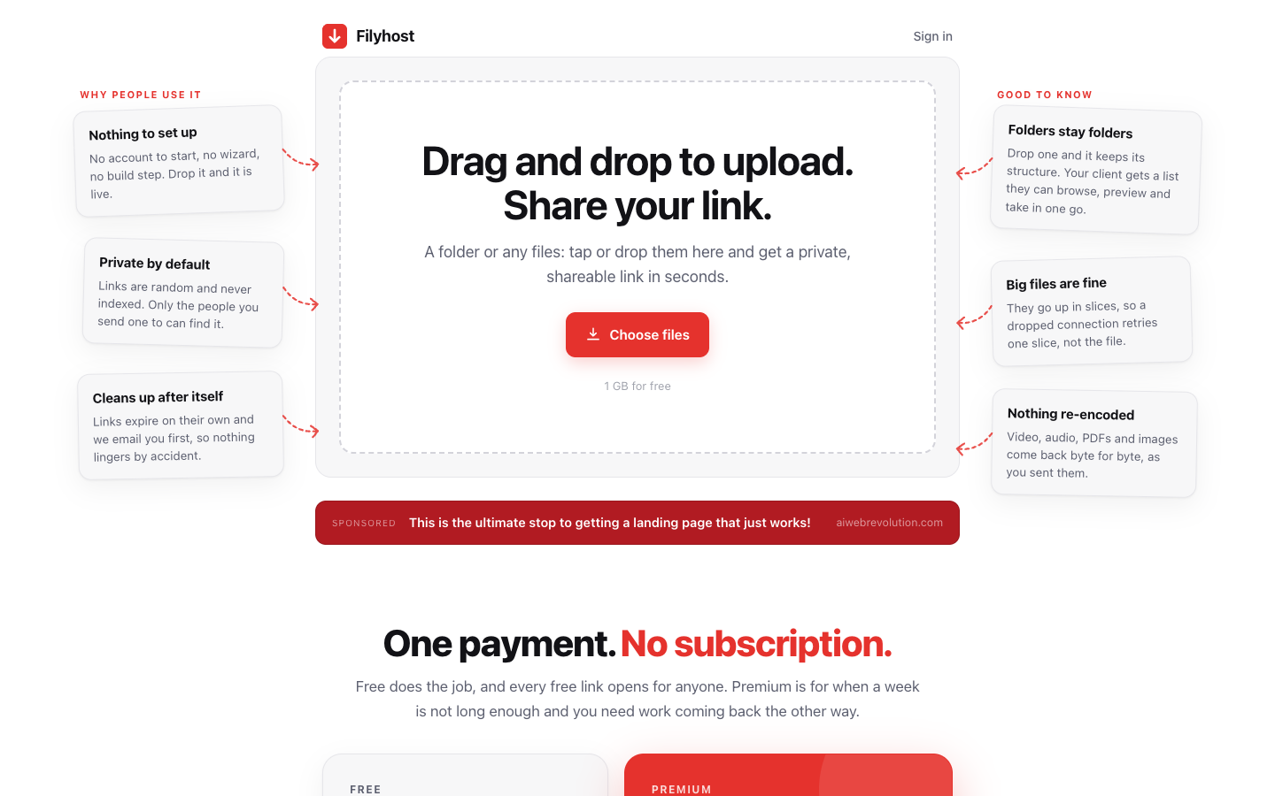 Filyhost home page on desktop: “Drag and drop to upload. Share your link.” with feature notes around the drop zone