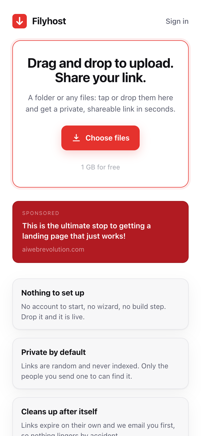 Filyhost home page on a phone with the Choose files button and the sponsored slot
