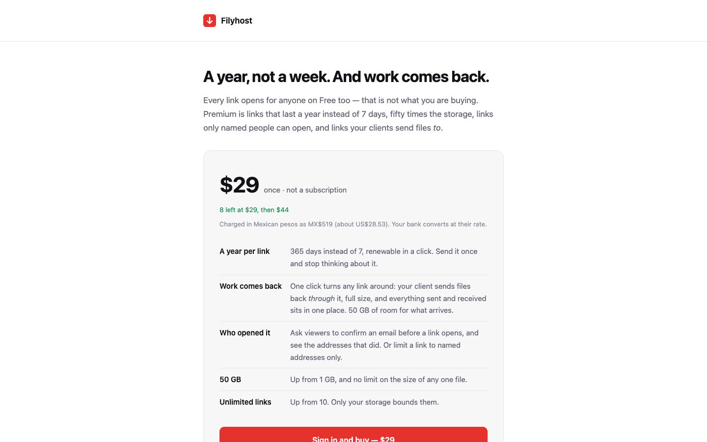 Filyhost licence page: a one-time price, not a subscription, and what Premium adds