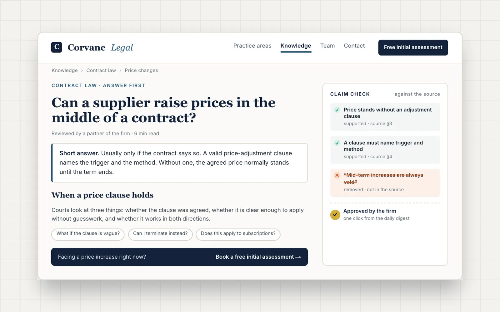 Rebuilt mock of the Corvane Legal knowledge hub with its claim-check panel (name changed)