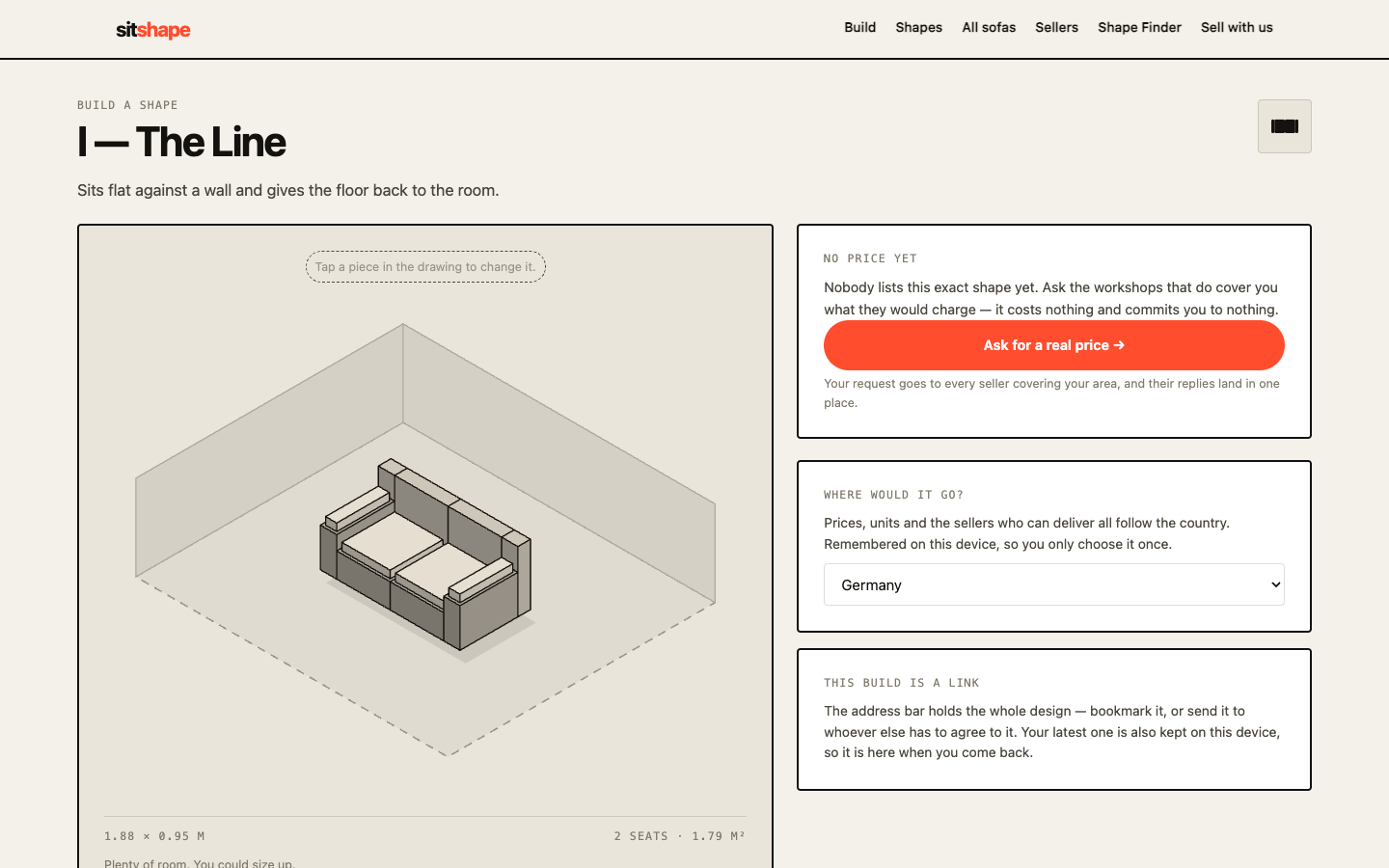 SitShape builder: a straight sofa drawn inside a room outline, with “Ask for a real price”
