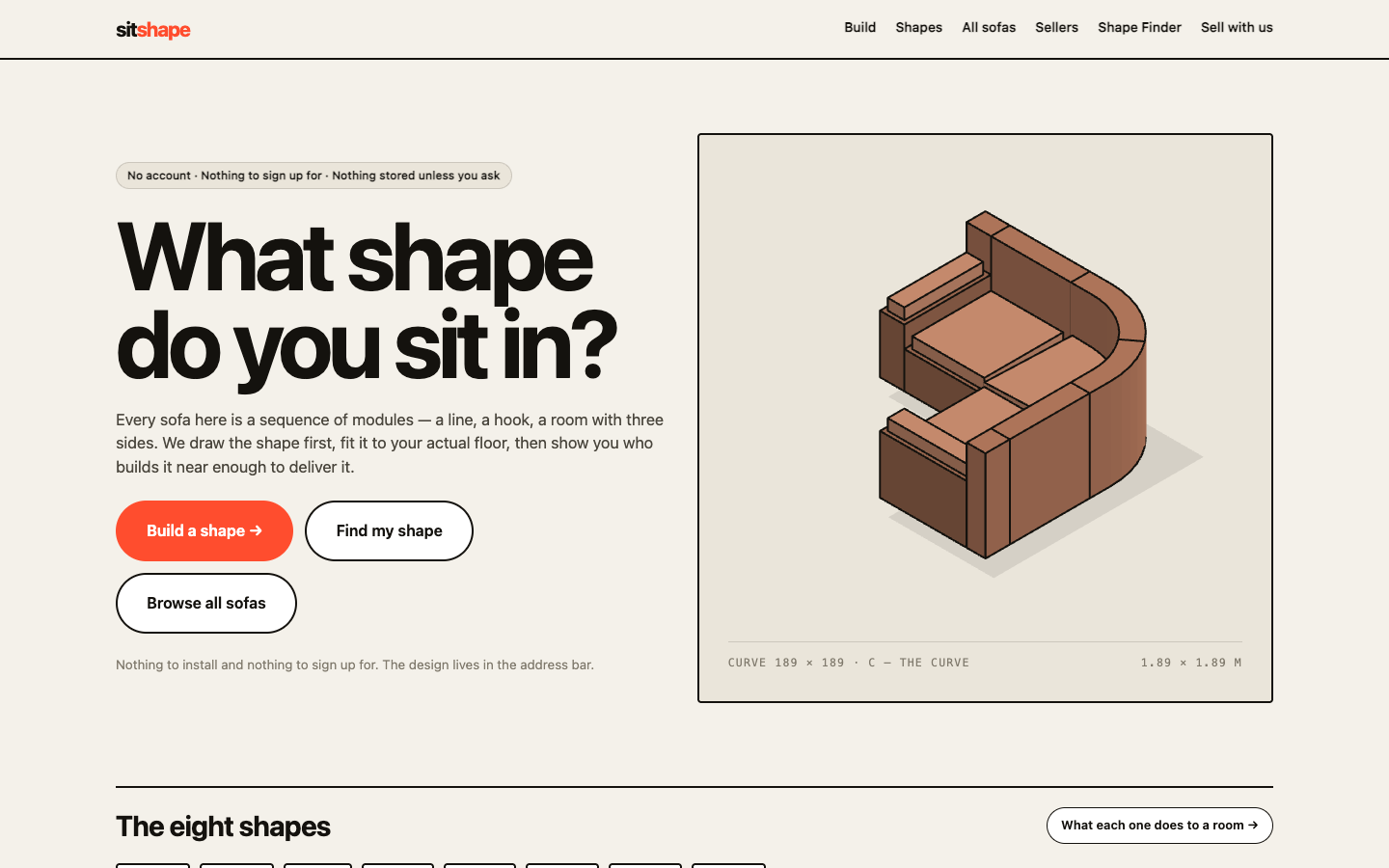 SitShape home page on desktop: “What shape do you sit in?” beside an isometric drawing of a curved sofa