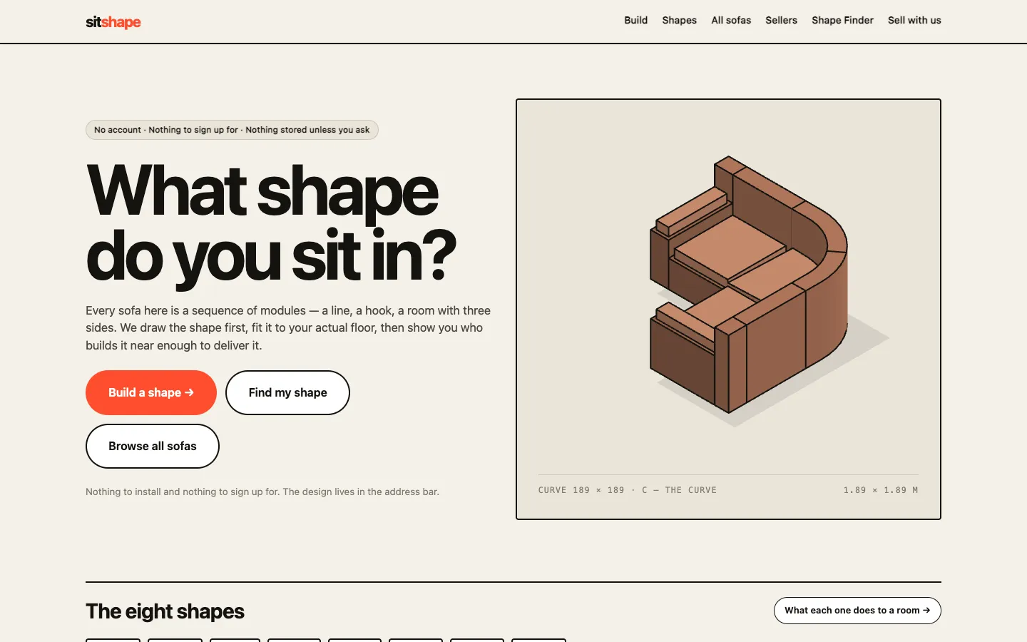 SitShape home page on desktop: “What shape do you sit in?” beside an isometric sofa drawing