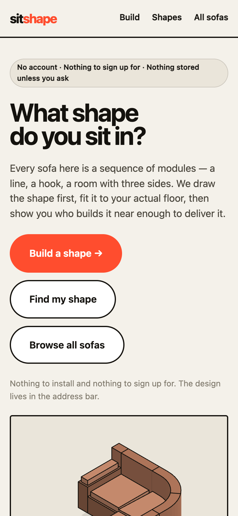 SitShape home page on a phone with the Build a shape button