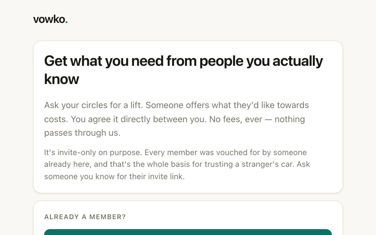 Vowko sign-in screen on desktop: “Get what you need from people you actually know”